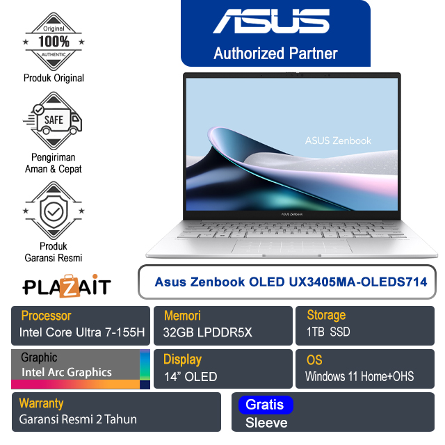 Asus Zenbook 14 OLED UX3405MA-OLEDS714 /Intel Core Ultra 7-155H/32GB/1TB SSD/Intel Arc Graphics/14" OLED/Win 11 Home+OHS/Foggy Silver/2Y