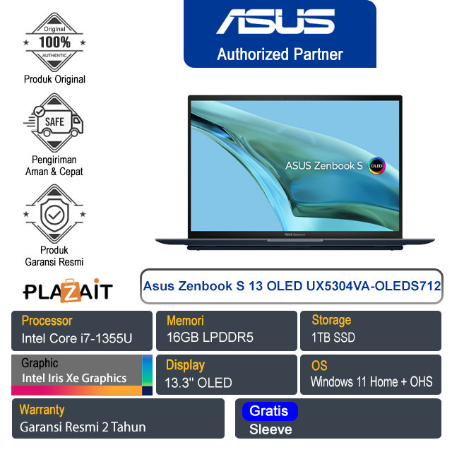 Asus Zenbook S 13 OLED UX5304VA-OLEDS712/Intel Core i7-1355U EVO/16GB/1TB SSD/Intel Iris Xe Graphics/13.3″OLED /Win 11 Home+OHS/Ponder Blue/2Y