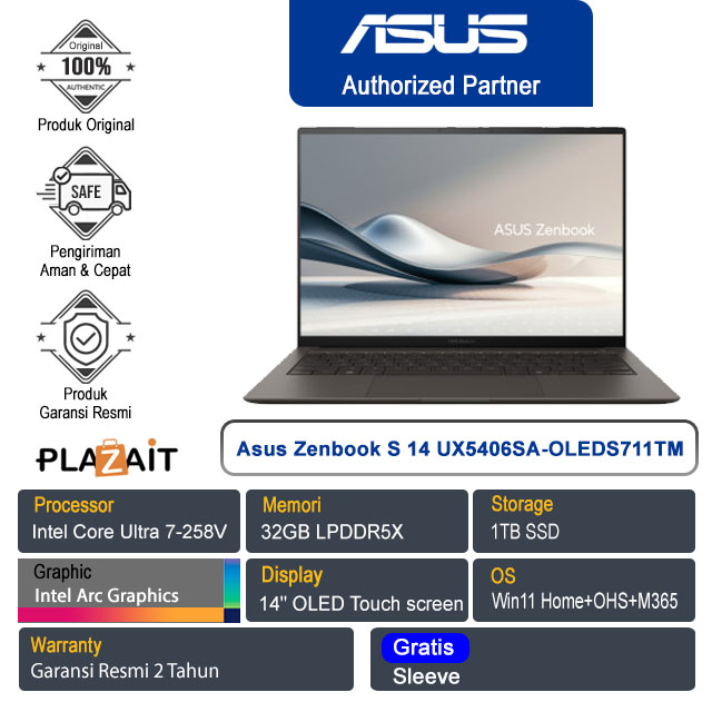 Asus Zenbook S 14 OLED UX5406SA-OLEDS711TM /Intel Core Ultra 7-258V/32GB/1TB SSD/Intel Arc Graphics/14" OLED Touch/Win 11 Home+OHS 2021+M365/Zumaia Gray/2Y