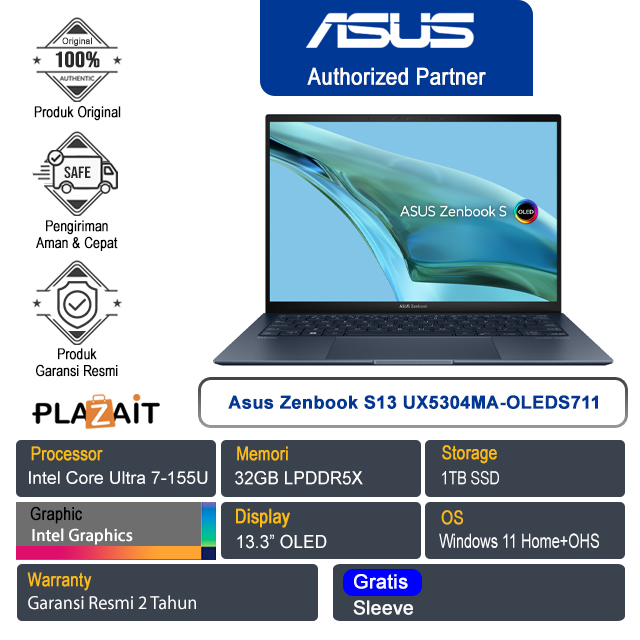 Asus Zenbook S13 UX5304MA-OLEDS711 /Intel Core Ultra 7-155U/32GB/1TB SSD/Intel Graphics/13.3" OLED/Win 11 Home+OHS 2021/Ponder Blue/2Y
