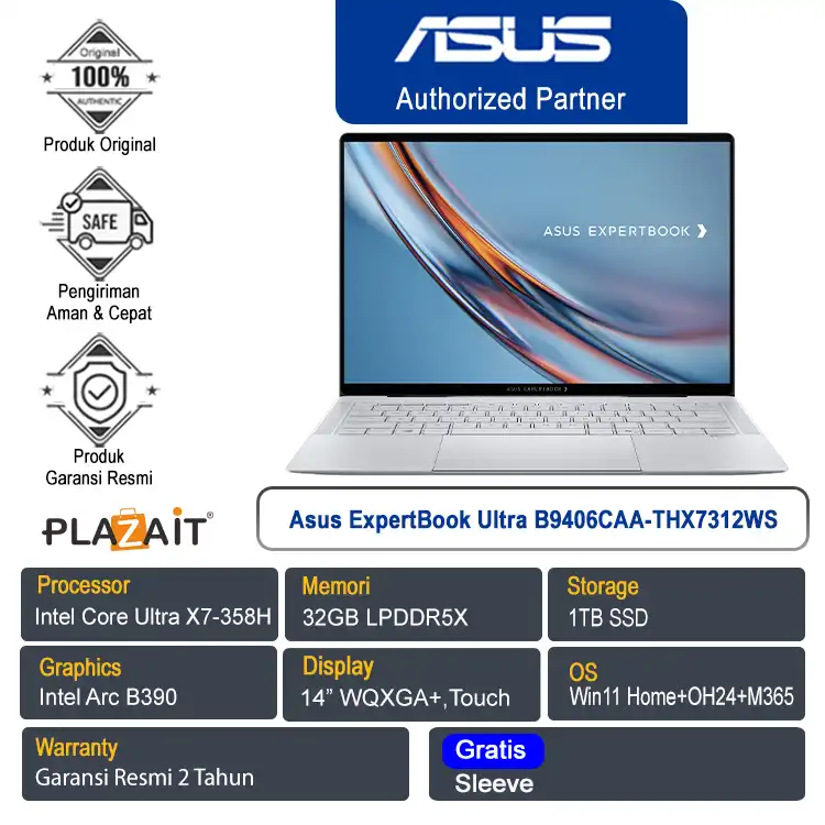 Asus ExpertBook Ultra B9406CAA-THX7312WS /Intel Core Ultra X7-358H/32GB/1TB SSD/Intel Arc B390/14" WQXGA+ Touch/Win 11 Home+OH24+M365/Morn Grey/2Y