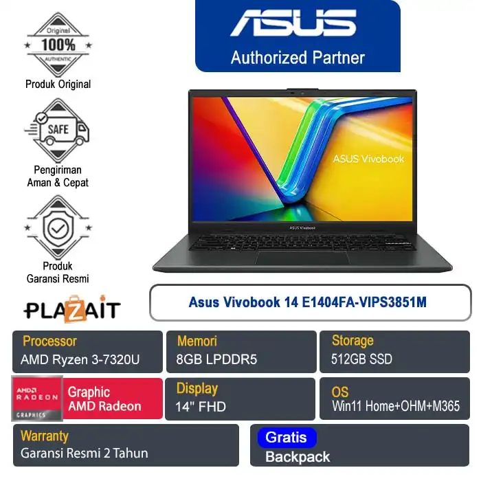 Asus Vivobook 14 E1404FA-VIPS3851M /AMD Ryzen 3-7320U/8GB/512GB SSD/AMD Radeon Graphics/14" FHD/Win 11 Home+OHM+M365/Mixed Black/2Y