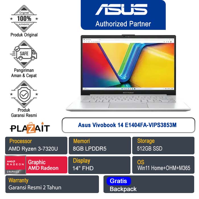 Asus Vivobook 14 E1404FA-VIPS3853M / AMD Ryzen 3-7320U/8GB/512GB SSD/AMD Radeon Graphics/14" FHD/Win 11 Home+OHM+M365/Cool Silver/2Y