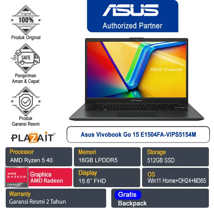 Asus Vivobook Go 15 E1504FA-VIPS5154M /AMD Ryzen 5-40/16GB/512GB SSD/AMD Radeon Graphics/14" FHD/Win 11 Home+OH24+M365/Mixed Black/2Y