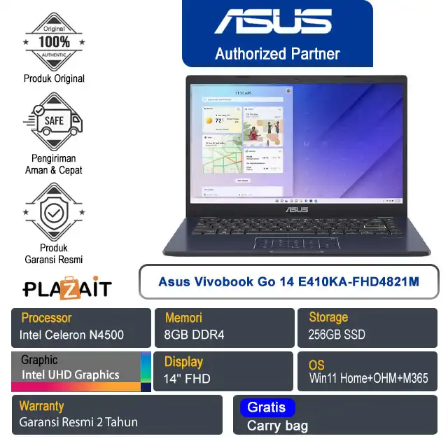 Asus Vivobook Go 14 E410KA-FHD4821M /Intel Celeron N4500/8GB/256GB SSD/Intel UHD Graphics/14" FHD/Win 11 Home+OHM+M365/Star Black/2Y