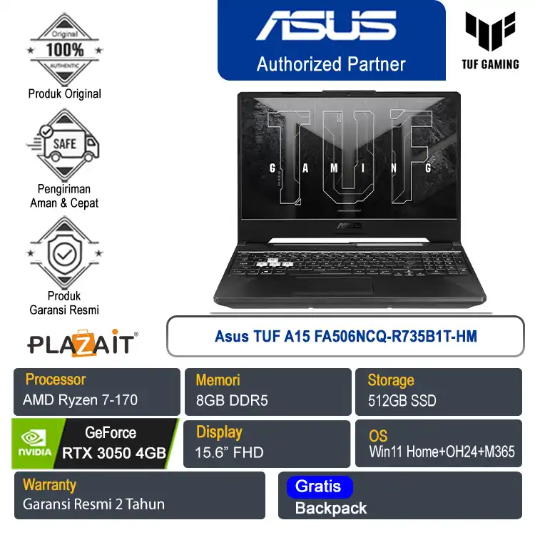 Asus TUF A15 FA506NCQ-R735B1T-HM /AMD Ryzen 7-170/8GB/512GB SSD/NVIDIA GeForce RTX 3050 4GB/15.6" FHD/Win 11 Home+OH24+M365/Graphite Black/2Y