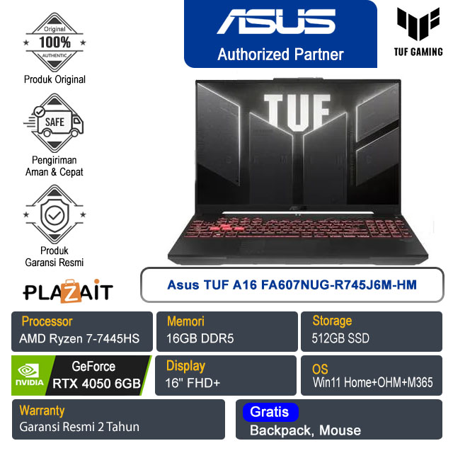 Asus TUF A16 FA607NUG-R745J6M-HM /AMD Ryzen 7-7445HS/16GB/512GB SSD/NVIDIA GeForce RTX 4050 6GB/16″ FHD+/Win 11 Home+OHM+M365/Mecha Gray/2Y