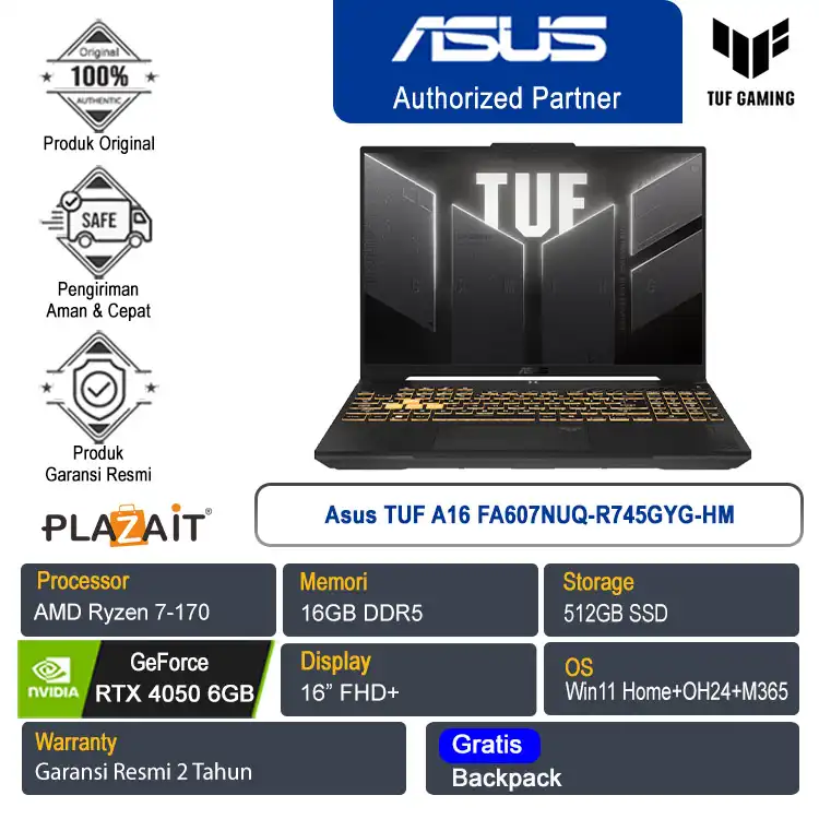 Asus TUF A16 FA607NUQ-R745GYG-HM /AMD Ryzen 7-170/16GB/512GB SSD/NVIDIA GeForce RTX 4050 6GB/16″ FHD+/Win 11 Home+OH24+M365/Mecha Gray/2Y
