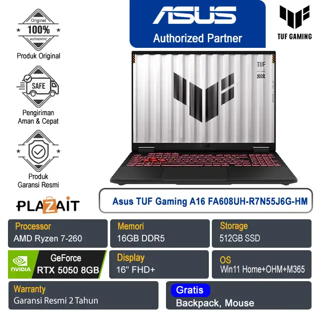 Asus TUF Gaming A16 FA608UH-R7N55J6G-HM /AMD Ryzen 7-260/16GB/512GB SSD/NVIDIA GeForce RTX 5050 8GB/16″ FHD+/Win 11 Home+OHM+M365/Jaeger Gray/2Y