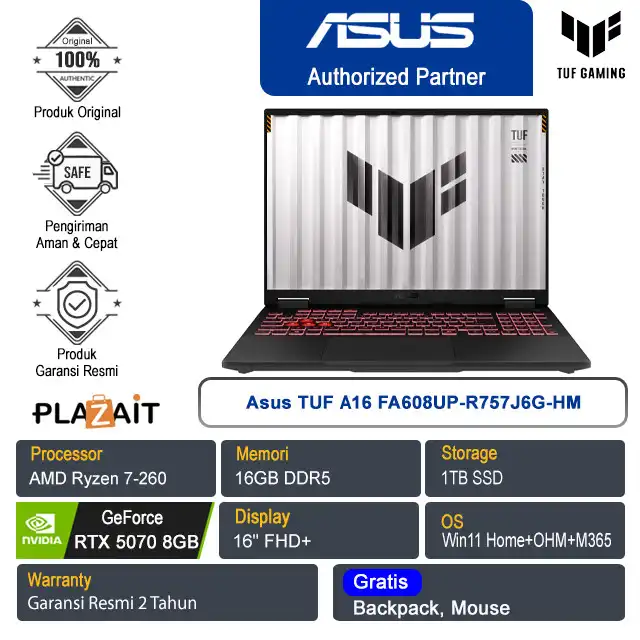 Asus TUF A16 FA608UP-R757J6G-HM /AMD Ryzen 7-260/16GB/1TB SSD/NVIDIA GeForce RTX 5070 8GB/16" FHD+/Win 11 Home+OHS+M365/Jaeger Gray/2Y