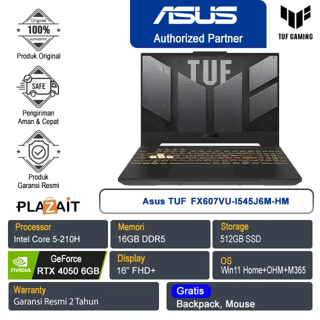 Asus TUF  FX607VU-I545J6M-HM /Intel Core 5-210H/16GB/512GB SSD/NVIDIA GeForce RTX 4050 6GB/16" FHD+/Win 11 Home+OHM+M365/Mecha Gray/2Y