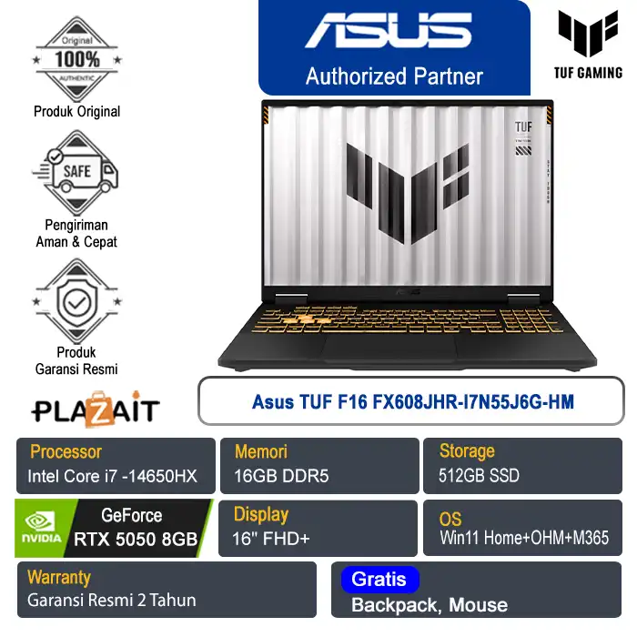 Asus TUF F16 FX608JHR-I7N55J6G-HM /Intel Core i7 -14650HX/16GB/512GB SSD/NVIDIA GeForce RTX 5050 8GB/16″ FHD+/Win 11 Home+OHM+M365/Jaeger Gray/2Y