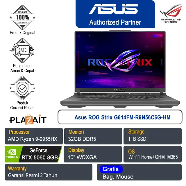 Asus ROG Strix G614FM-R9N56C6G-HM /AMD Ryzen 9-9955HX/32GB/1TB SSD/NVIDIA GeForce RTX 5060 8GB/16″ WQXGA/Win 11 Home+OHM+M365/Eclipse Gray/2Y