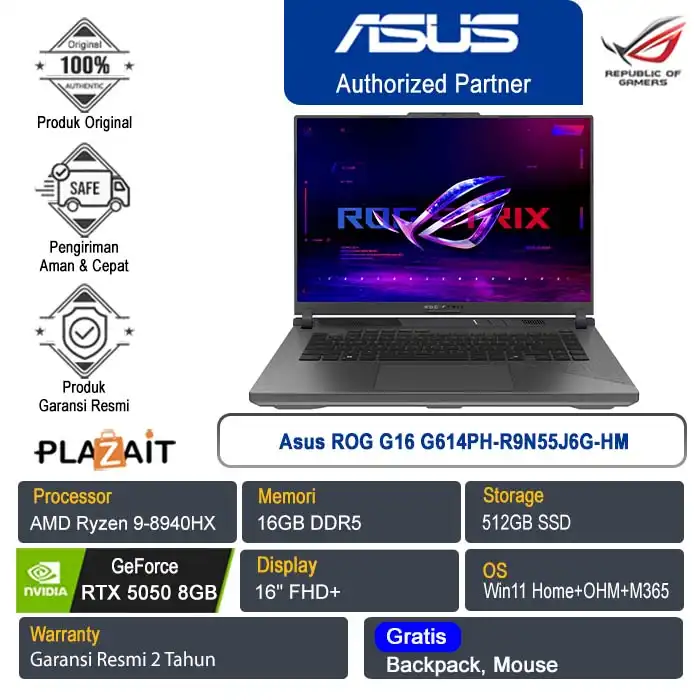Asus ROG G16 G614PH-R9N55J6G-HM /AMD Ryzen 9-8940H/16GB/512GB SSD/NVIDIA GeForce RTX 5050 8GB/16" FHD+/Win 11 Home+OHM+M365/Eclipse Gray/2Y