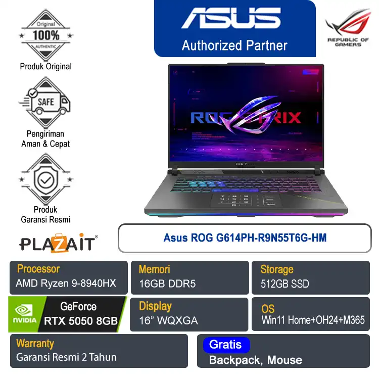Asus ROG G614PH-R9N55T6G-HM /AMD Ryzen 9-8940HX/16GB/512GB SSD/NVIDIA GeForce RTX 5050 8GB/16" WQXGA/Win 11 Home+OH24+M365/ Eclipse Gray/2Y