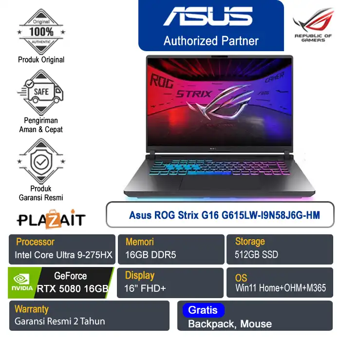 Asus ROG Strix G16 G615LW-I9N58J6G-HM  /Intel Core Ultra 9-275HX/16GB/512GB SSD/NVIDIA GeForce RTX 5080 16GB/16″ FHD+/Win 11 Home+OHM+M365/Eclipse Gray/2Y