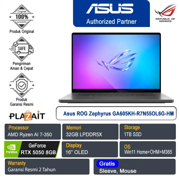 Asus ROG Zephyrus G16 GA605KH-R7N55OL6G-HM /AMD Ryzen AI 7-350/32GB/1TB SSD/NVIDIA GeForce RTX 5050 8GB/ 16" OLED/Win 11 Home+OHM+M365/Eclipse Gray/2Y