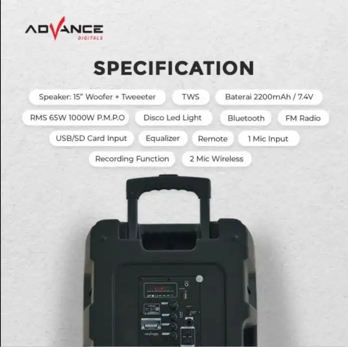 Advance Speaker K1505 Bluetooth Portable 15" 2 Mic Wireless - advance-speaker-k1505-bluetooth-portable-1759131296-598.webp