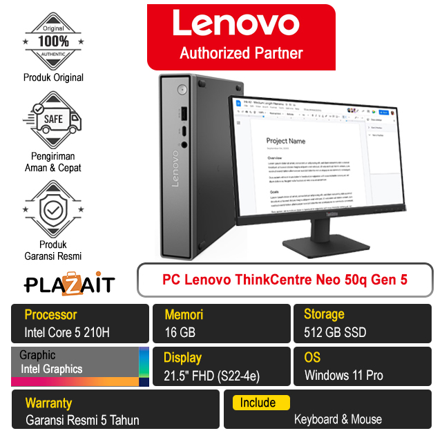 Lenovo PC Lenovo ThinkCentre Neo 50q Gen 5 /Intel Core 5 210H/16GB/512GB SSD/Intel Graphics/21.5" FHD/Black/5Y Black Harga...