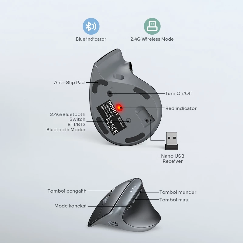 Robot Robot Mouse Guru Master 2 Wireless Vertikal Ergonomis Bluetooth & 2.4G Dual Mode Silent Click Type-C Blue Harga Rp 2...