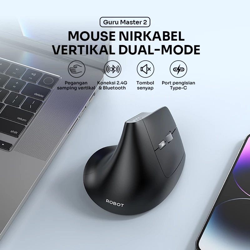 Robot Robot Mouse Guru Master 2 Wireless Vertikal Ergonomis Bluetooth & 2.4G Dual Mode Silent Click Type-C Blue Harga Rp 2...