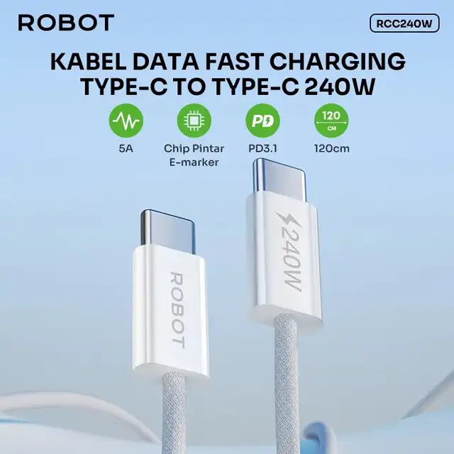 Robot Kabel Data RCC240W Type C to C 240W Fast Charging - robot-rcc240w-kabel-data-type-c-to-c-240w-fast-charging-1759475669-379.webp