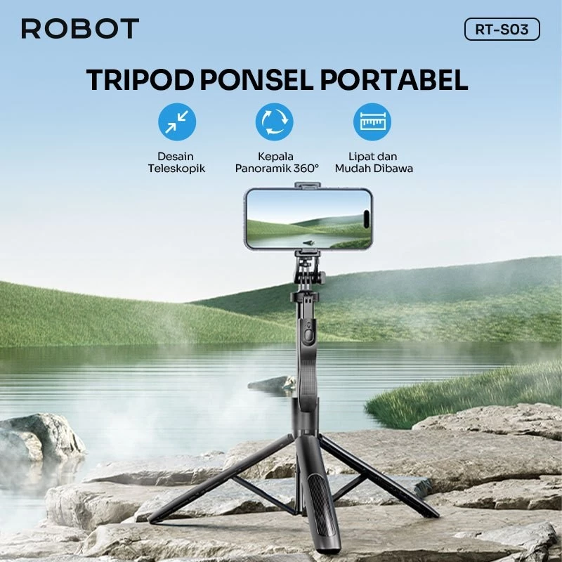 Robot Robot Tripod RT-S03 Rotatable 360° HP Kamera/Gopro Tongsis With Remote Bluetooth Blue Harga Rp 299.000 Toko Medan