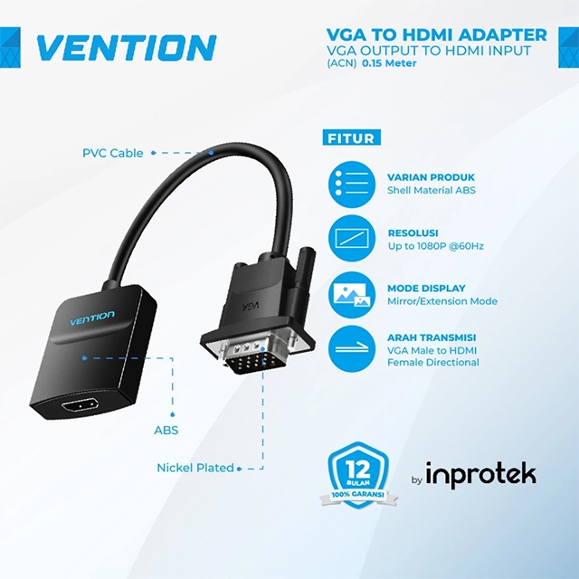 Vention Vention ACN Adapter Converter VGA Male to HDMI Female / with Micro USB, Aux 3.5mm Harga Rp 152.000 Toko Medan
