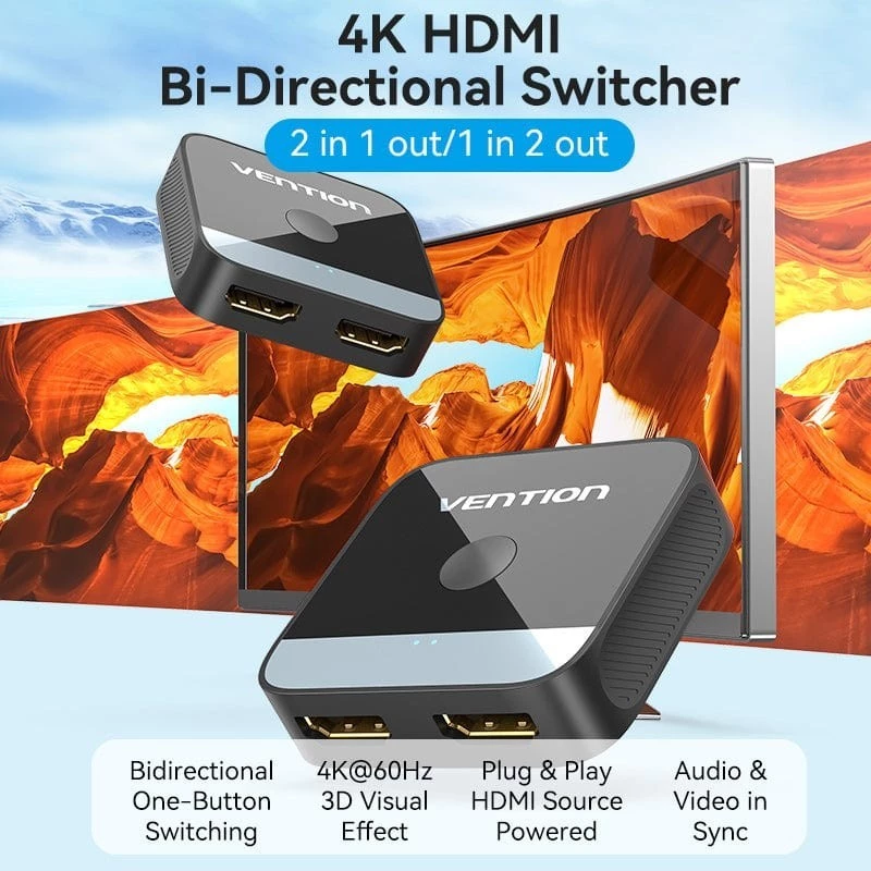 Vention Vention AKO HDMI Switcher 2 Port Bi-Direction - Switcher HDMI 4K Black Black Harga Rp 145.000 Toko Medan