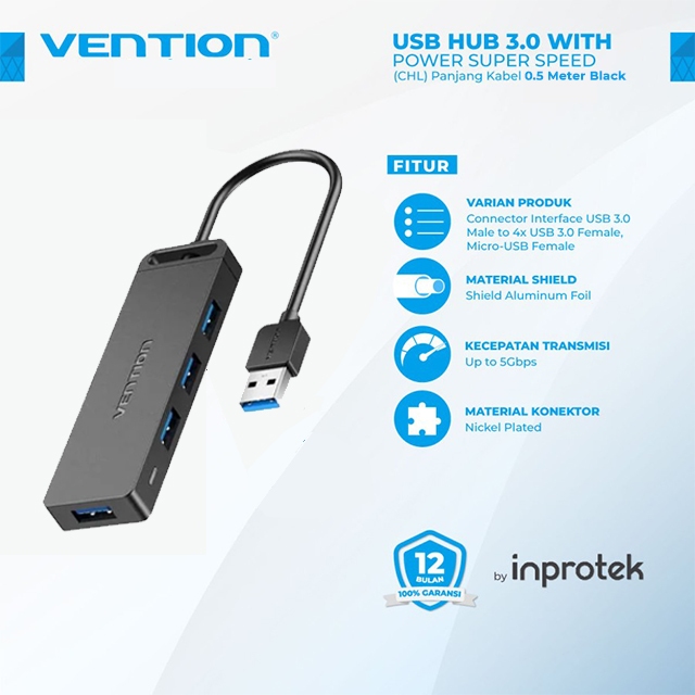 Vention Vention CHL USB HUB 4 Port USB 3.0 With Micro USB Power Supply Black Harga Rp 118.000 Toko Medan