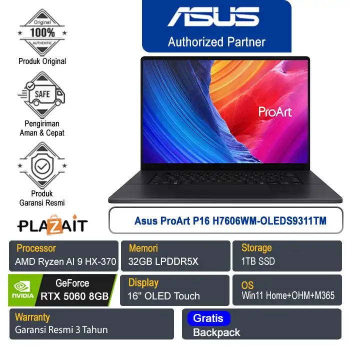 Asus ProArt P16 H7606WM-OLEDS9311TM /AMD Ryzen AI 9 HX-370/32GB/1TB SSD/NVIDIA GeForce RTX 5060 8GB/16" OLED/Win 11 Home+OHM+M365/Nano Black/2Y