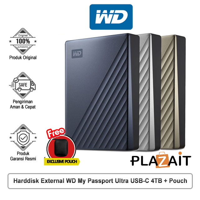 WD Harddisk External My Passport Ultra USB-C 4TB + Pouch