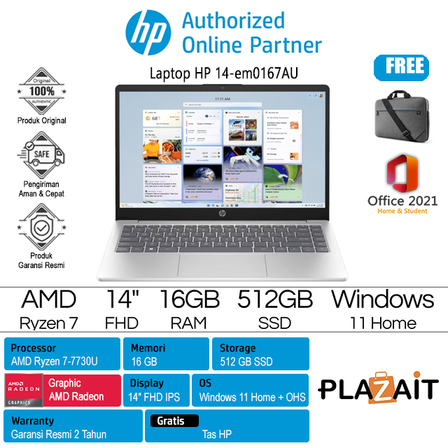 HP 14-em0167AU - AD7Q0PA /AMD Ryzen 7-7730U/16GB/512GB SSD/AMD Radeon Graphics/14" FHD/Win 11 Home+OHS 2021/Gold/2Y