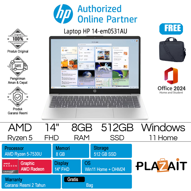 HP 14-em0531AU - BD0Y2PA /AMD Ryzen 5-7530U/8GB/512GB SSD/AMD Radeon Graphics/14" FHD/Win 11 Home+OH24+M365/Gold/2Y