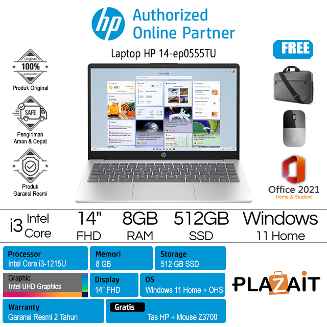 HP 14-ep0555TU - A20GXPA /Intel Core i3-1215U/8GB/512GB SSD/Intel UHD Graphics/14″ FHD/Win 11 Home+OHS 2021/Silver/2Y