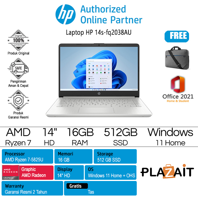 HP 14s-fq2038AU - 7B752PA /AMD Ryzen 7-5825U/ 16GB/512GB SSD/AMD Radeon Graphics/14" HD/Win 11 Home+OHS 2021/Silver/2Y