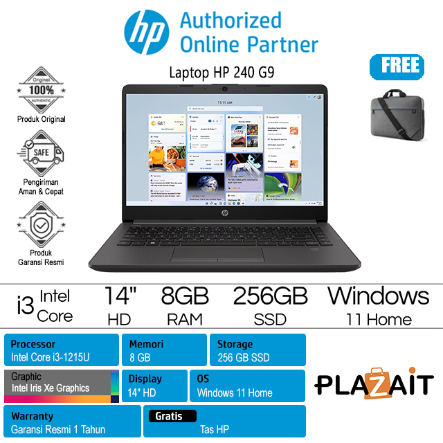 HP 240 G9 - 9J1W4PT /Intel Core i3-1215U/8GB/256GB SSD/Intel Iris Xe Graphics/14" HD/Win 11 Home/Black/1Y