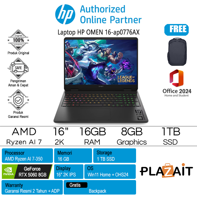 HP OMEN 16-ap0776AX - BK6K8PA /AMD Ryzen AI 7-350/16GB/1TB SSD/RTX5060 8GB/16" 2K IPS/Win 11 Home+OHS24/Shadow Black/2Y