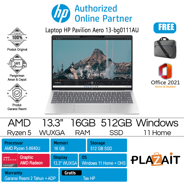 HP Pavilion Aero 13-bg0111AU - A0DH2PA /AMD Ryzen 5-8640U/16GB/512GB SSD/AMD Radeon Graphics/13.3″ WUXGA IPS/Win 11 Home+OHS 2021/Silver/2Y