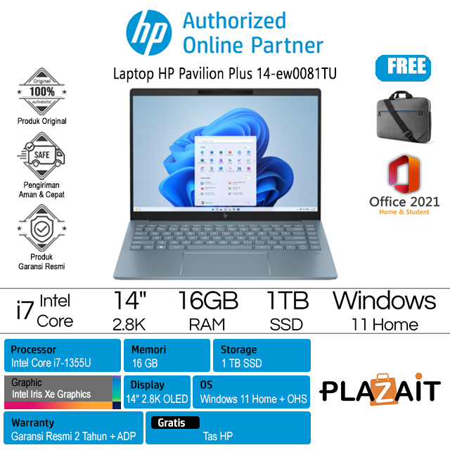 HP Pavilion Plus 14-ew0081TU - 9E3T2PA /Intel Core i7-1355U/16GB/1TB SSD/Intel Iris Xe Graphics/14″ 2.8K OLED/Win 11 Home+OHS 2021/Blue/2Y