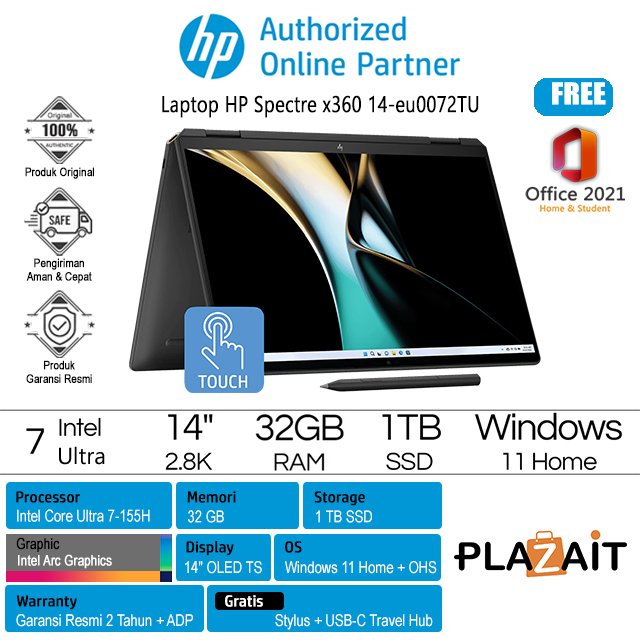 HP Spectre x360 14-eu0072TU - A9BR1PA /Intel Core Ultra 7-155H/32GB/1TB SSD/Intel Arc Graphics/14″ 2.8K OLED Touch/Win 11 Home+OHS 2021/Nightfall Black/2Y