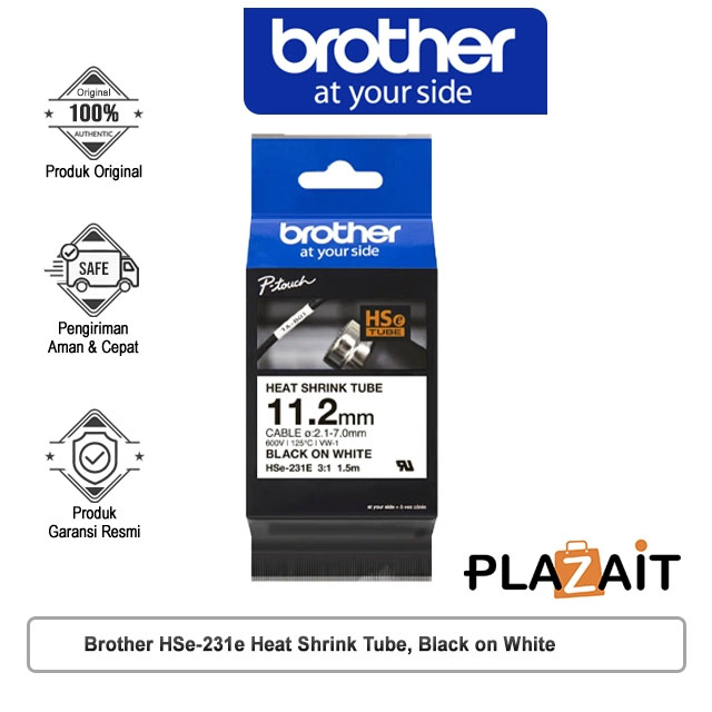 Brother HSe-231e Heat Shrink Tube, Black on White 11.2mm