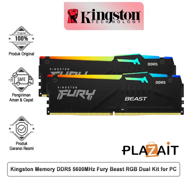 Kingston Memory DDR5 5600MHz Fury Beast RGB Dual Kit for PC - 32GB (2x16GB)