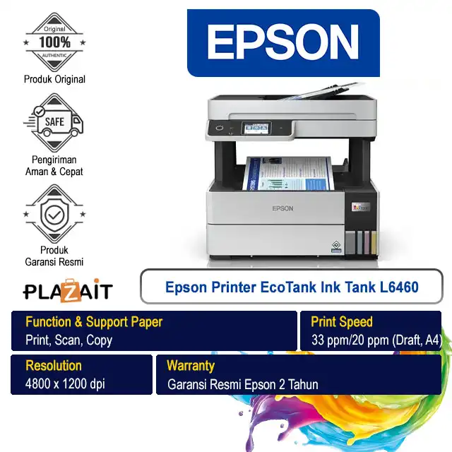 Epson Printer EcoTank Ink Tank L6460 A4 Wi-Fi Duplex - All In One (Print, Scan, Copy)