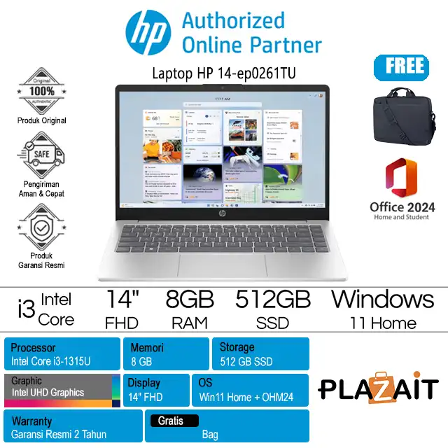 HP 14-ep0261TU - BD0Y5PA /Intel Core i3-1315U/8GB/512GB SSD/Intel UHD Graphics/14″ FHD/Win 11 Home+OH24+M365/Silver/2Y