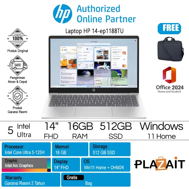 HP 14-ep1188TU - CJ5Z5PA /Intel Core Ultra 5-125H/16GB/512GB SSD/Intel Arc Graphics/14″ FHD/Win 11 Home+OH24+M365/Silver/2Y