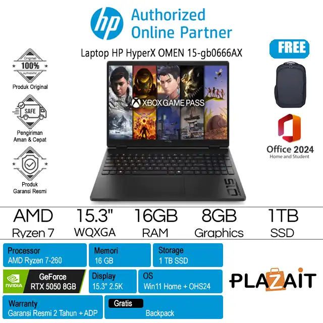 HP HyperX OMEN 15-gb0666AX - D36Z0PA /AMD Ryzen 7-260/16GB/1TB SSD/RTX5050 8GB/15.3" WQXGA 180Hz/Win 11 Home+OHS24/Shadow Black/2Y
