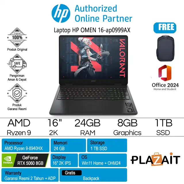 HP OMEN 16-ap0999AX - C7US5PA /AMD Ryzen 9-8940HX/24GB/1TB SSD/RTX5060 8GB/16" 2K IPS/Win 11 Home+OH24+M365/Shadow Black/2Y