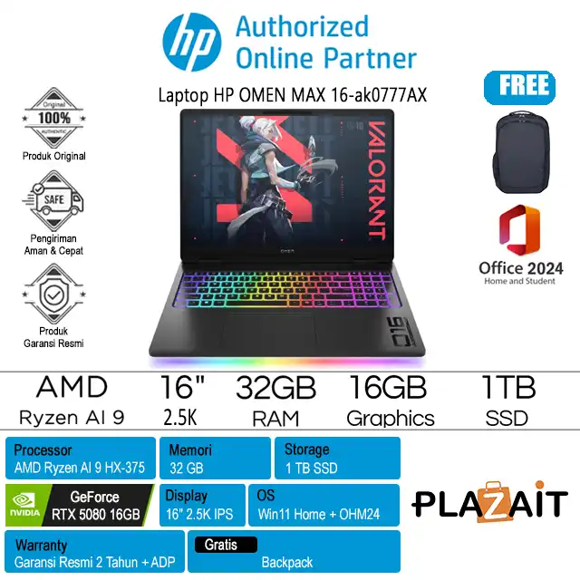 HP OMEN MAX 16-ak0777AX - BG6H6PA /AMD Ryzen AI 9-375 HX/32GB/1TB SSD/RTX5080 16GB/16″ 2.5K 240Hz/Win 11 Home+OH24+M365/Shadow Black/2Y