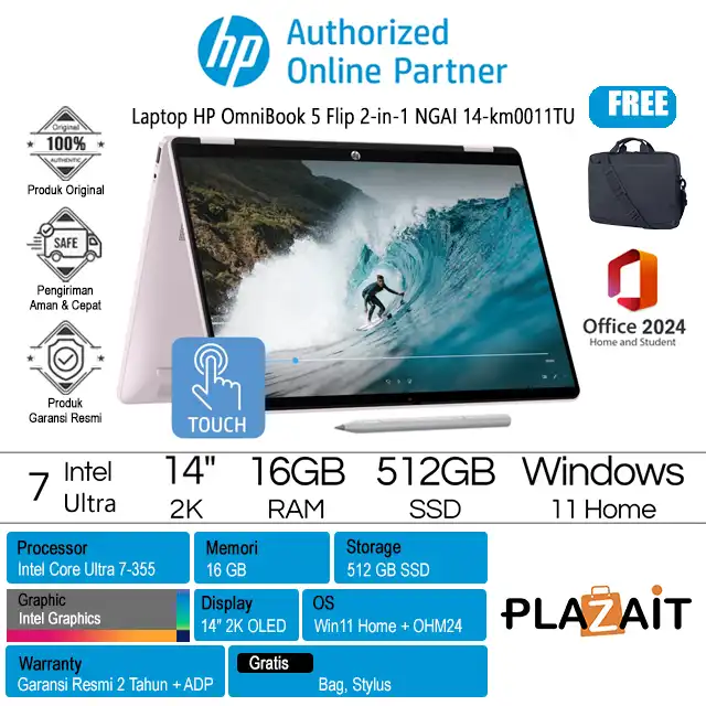 HP OmniBook 5 Flip 2-in-1 Next Gen AI 14-km0011TU - D6UE1PA /Intel Core Ultra 7-355/16GB/512GB SSD/Intel Graphics/14" 2K Touch/Win 11 Home+OH24+M365/Powder Pink/2Y